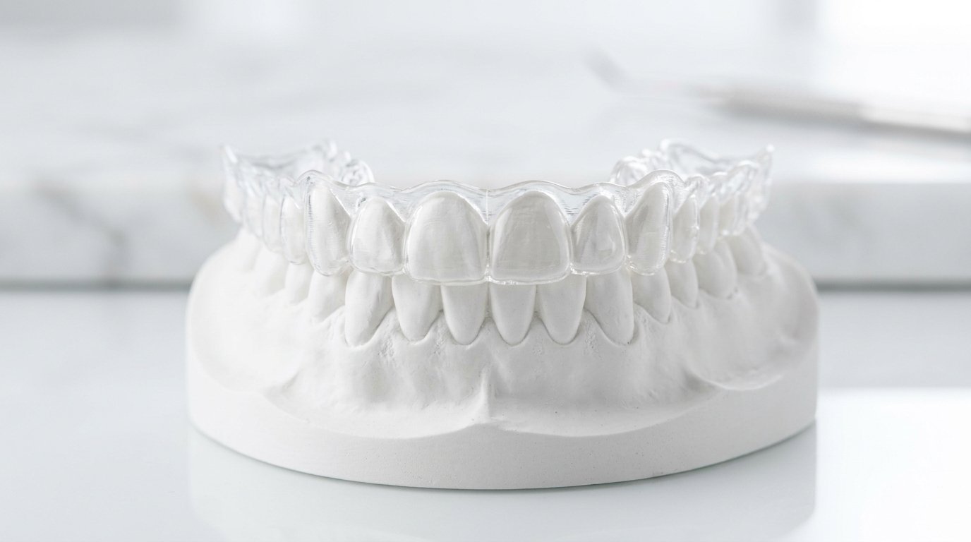 Close-up of crystal-clear orthodontic aligners on study model