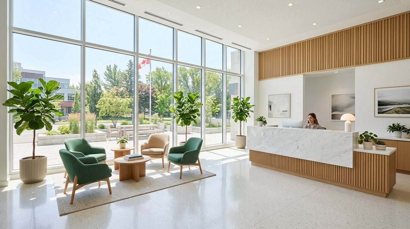 Bright, welcoming Streetsville Smiles Dental clinic reception and waiting lounge