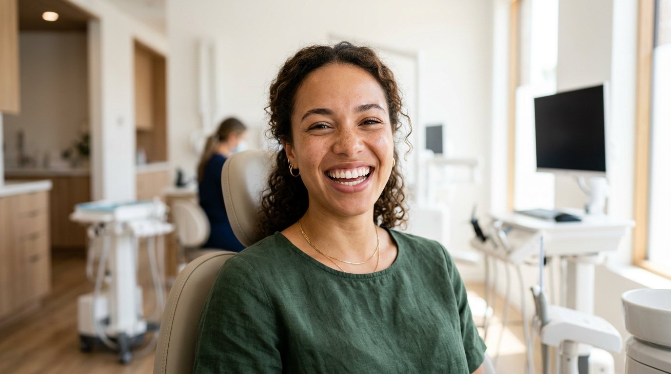 Patient with a natural, confident and radiant smile in dental clinic