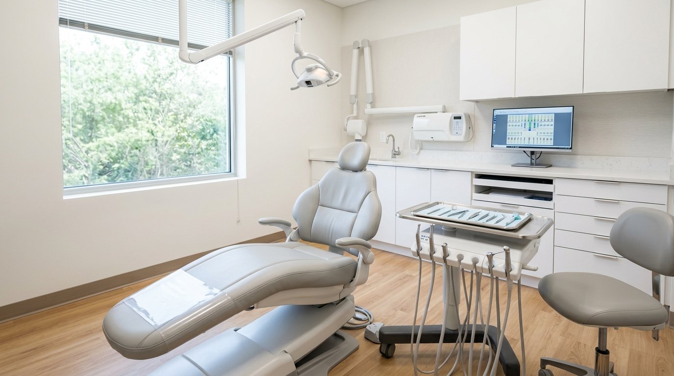 Modern, bright dental examination and treatment room with state-of-the-art equipment
